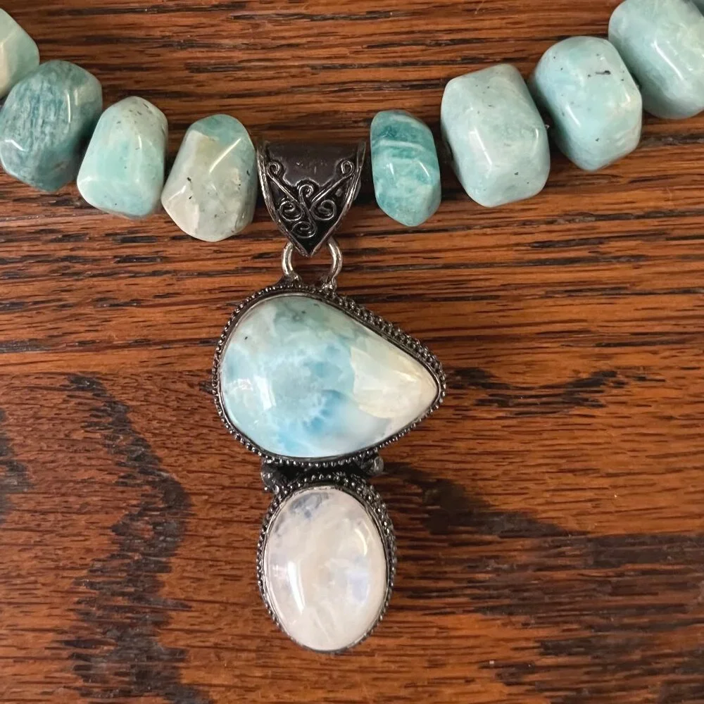 Handcrafted Amazonite, Larimar and Moonstone Beaded Necklace Bronze Tone Accents - Picture 10 of 11